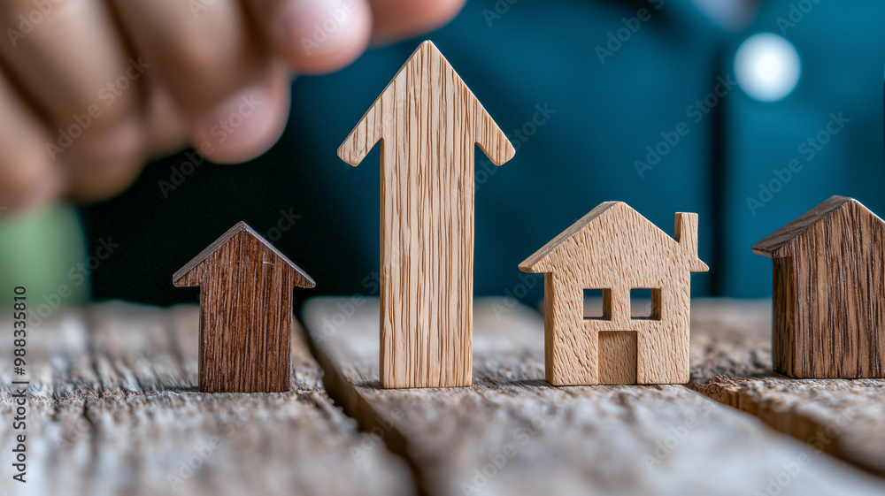 Poster image features wooden house models and upward arrow, symbolizing growth in real estate market. this 