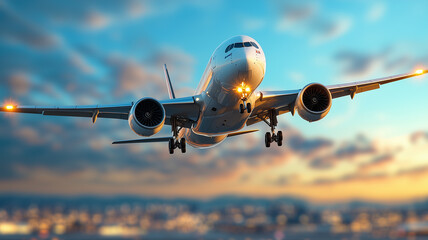 Naklejka premium large commercial airplane is taking off against beautiful sunset sky, showcasing its powerful engines and sleek design. scene captures excitement of air travel and beauty of aviation