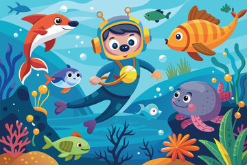 Fototapeta premium A young diver explores a lively underwater world surrounded by various friendly sea creatures in a colorful coral reef setting.
