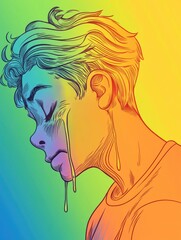 Line art illustration featuring a rainbow gradient drawing of a cartoon boy in tears