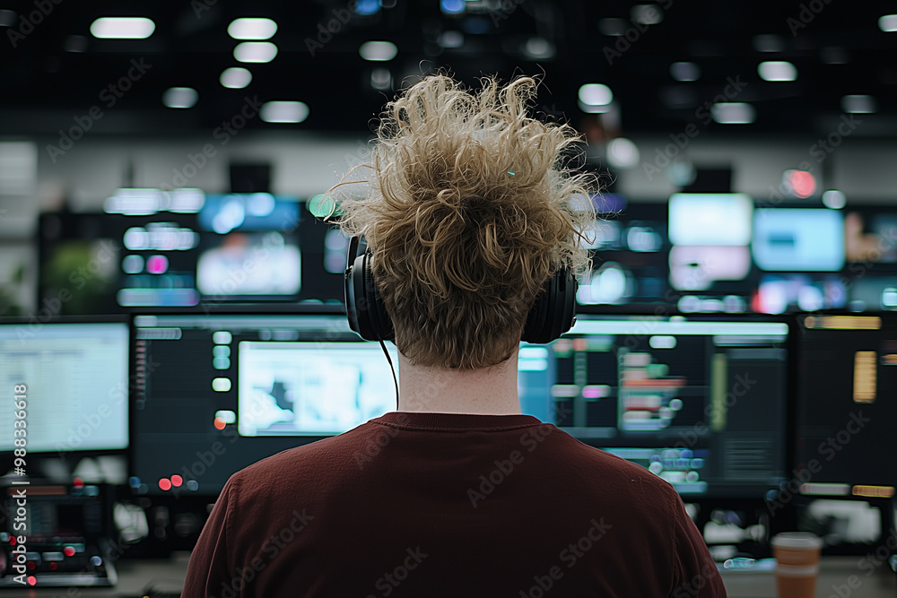 Aufkleber focused man with curly hair is immersed in his work at modern control room, surrounded by multiple screens displaying various data and visuals. atmosphere is dynamic and tech driven, reflecting high