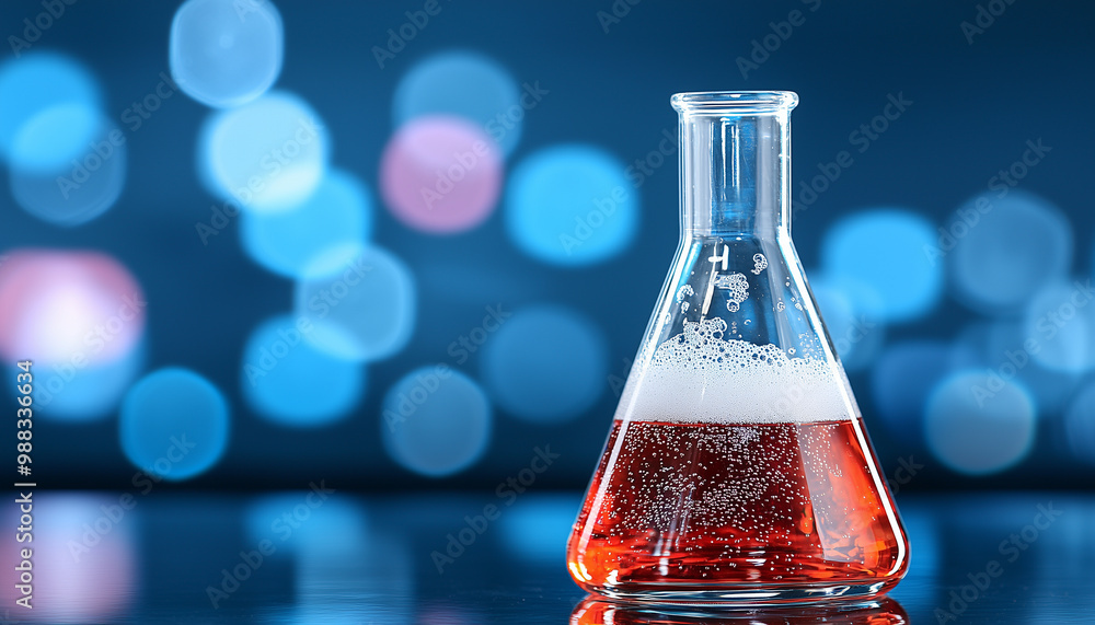 Poster laboratory flask filled with vibrant red liquid is prominently displayed against blurred blue background, creating captivating and scientific atmosphere. bubbles in liquid add dynamic element to