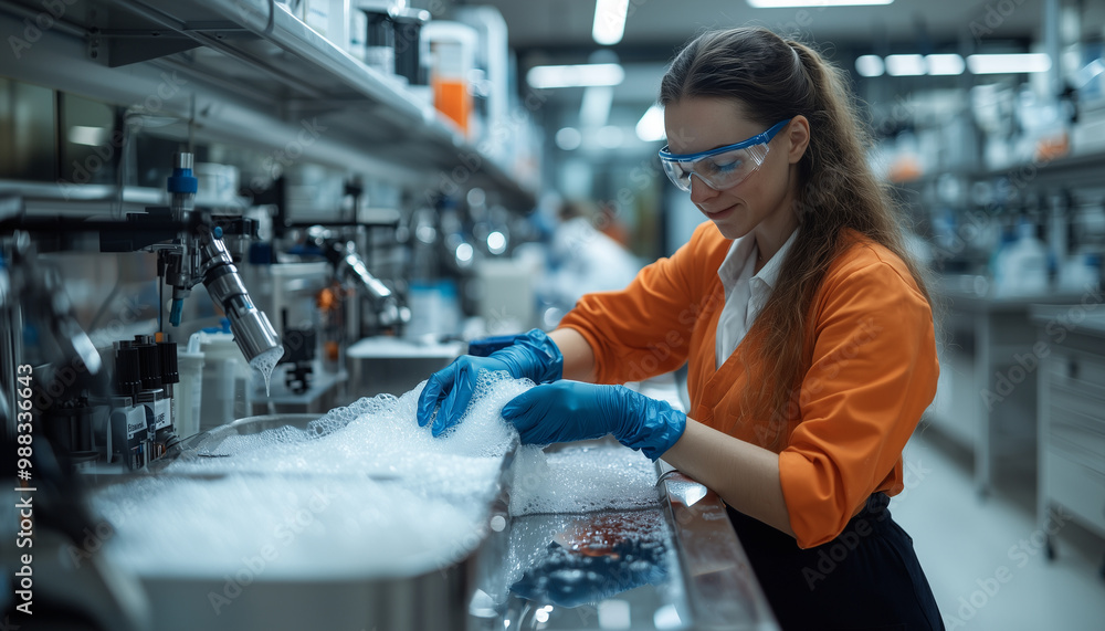 Poster scientist in laboratory is carefully working with bubbling solutions, wearing protective gear and gl