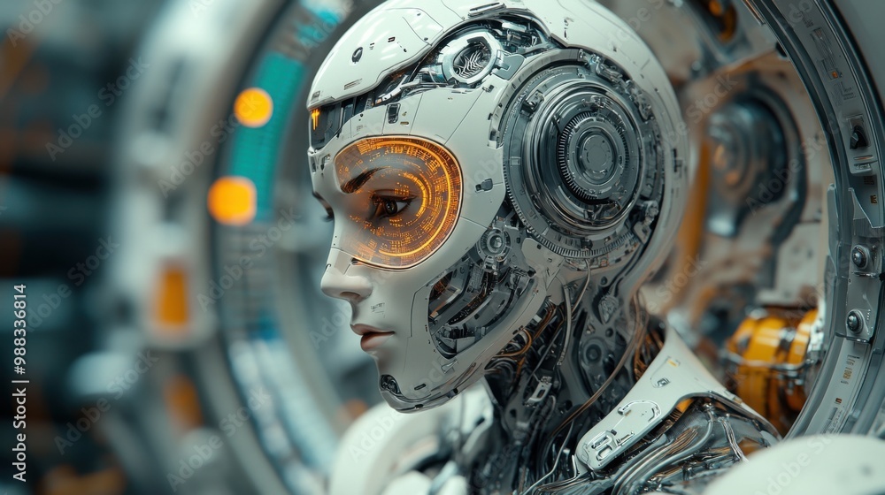 Poster illustration of a virtual robot in a stock trading area controlled by a robot under modern technolog