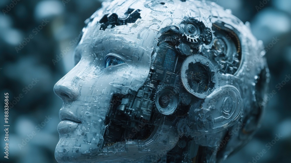 Poster illustration of a virtual robot in a stock trading area controlled by a robot under modern technolog