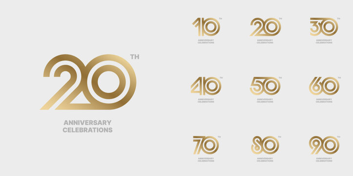 Set of anniversary logo design. Symbols of celebration 10, 20, 30, 40, 50, 60, 70, 80, 90 years.