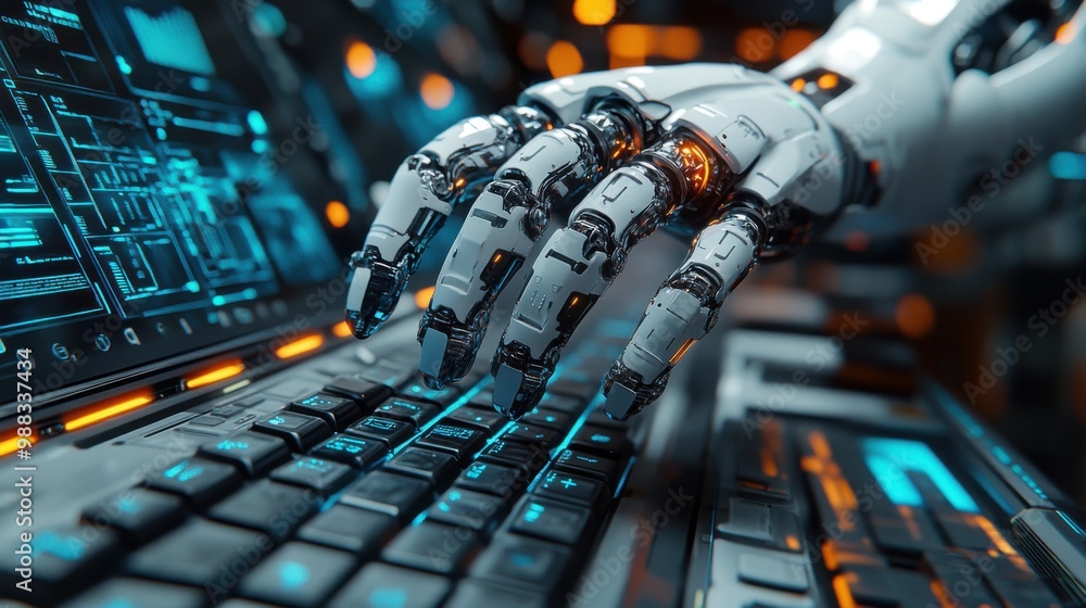 Poster illustration of a virtual robot in a stock trading area controlled by a robot under modern technolog