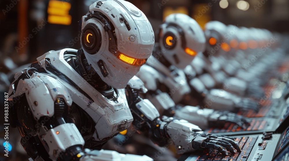 Poster illustration of a virtual robot in a stock trading area controlled by a robot under modern technolog