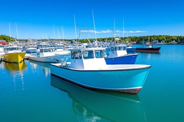 Obraz premium Fishing boats at Baileys Harbor, docked in a quiet harbor with fishermen preparing for a day on the water