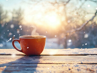 Coffee cup on the table in winter
