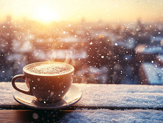 Coffee cup on the table in winter