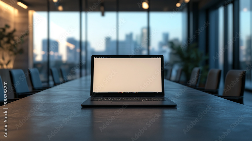 Poster blank screen laptop computer with opened lid on table in meeting room of office workspace. generativ