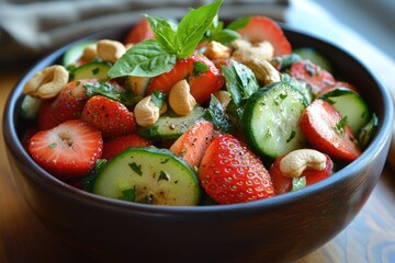Fresh strawberry salad with cucumber. Perfect for a healthy summer lunch or dinner.