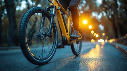 Obraz premium midsection of businessman commuter setting up electric bicycle in city