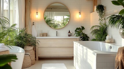An all-white Scandinavian bathroom featuring a light wooden vanity and a large round mirror, soft natural lighting, and lush green plants.