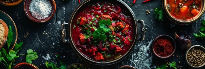 Traditional Ukrainian Borscht, Borsch with Salted Lard on Black Bread, Sour Cream and Greens