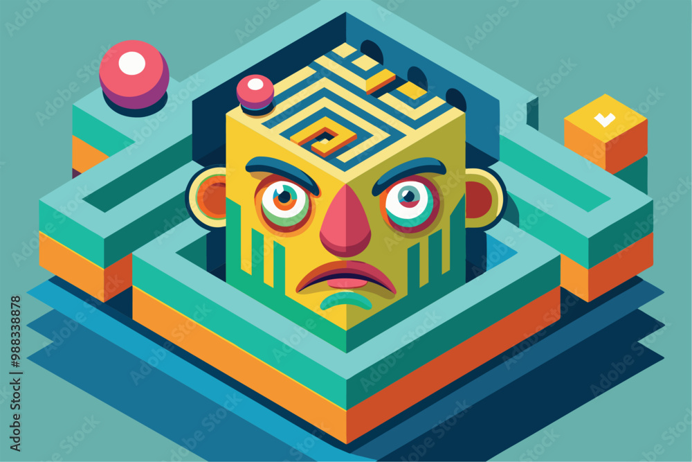 Poster a customizable isometric illustration features a dizzy and anxious face engulfed by a vibrant maze, 