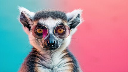 Fototapeta premium A ring tailed lemur with sunglasses in front of a neon colorful background