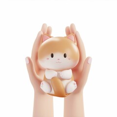 Kitten in hands in 3D style on a white background
