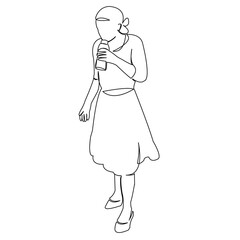 One continuous single drawing line art flat doodle one line, continuous, bottle, girl, female, drink, beverage. Isolated image hand draw contour on a white background
