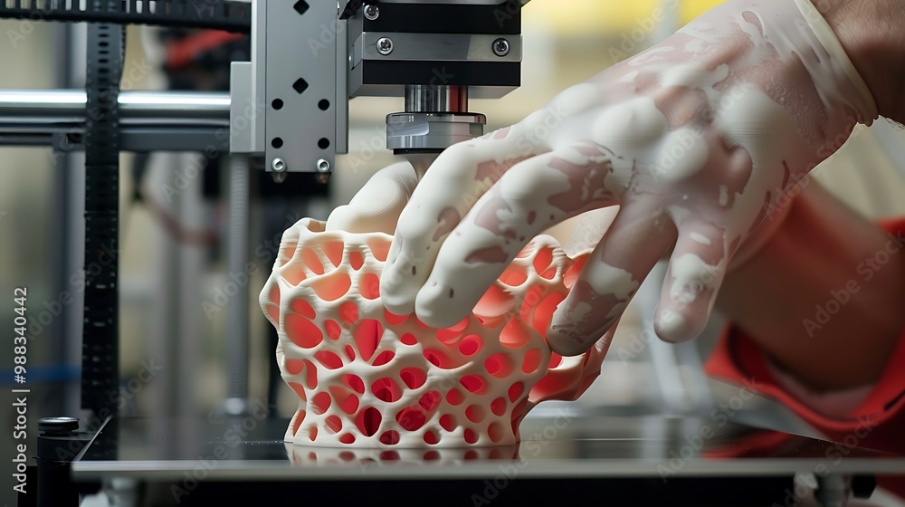 Poster close-up of a 3d printer creating a intricate lattice model. the image showcases the process of addi