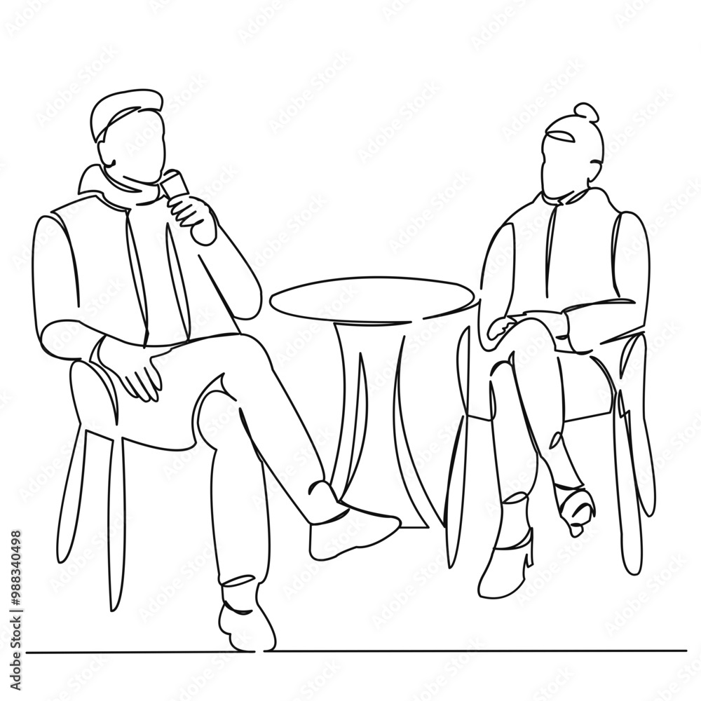 Wall mural One continuous single drawing line art flat doodle restaurant, cafe, people, couple, table. Isolated image hand draw contour on a white background
