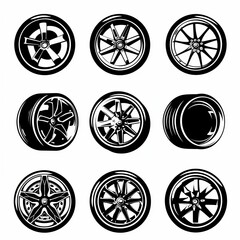Car wheels icon, tire silhouettes, graffiti spray rim symbol, auto wheels sign, car tyre pictograms