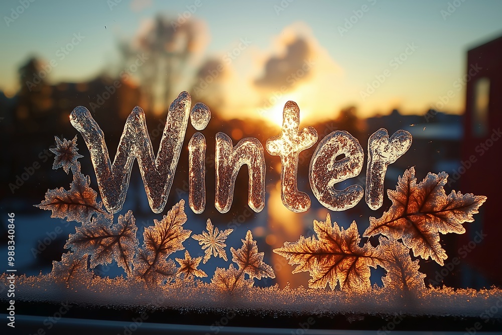 Poster window with the word winter written on it. the word is in ice and snow. the window is frosted and th