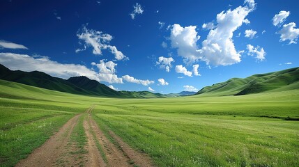 Fototapeta premium A glorious display of beautiful scenery with natural beauty and expansive grasslands. The grasslands are a vivid green, stretching as far as the eye can see. There are wildflowers dotting the landscap