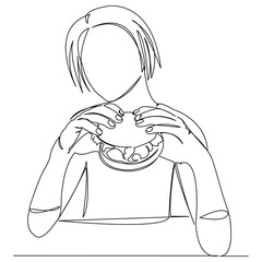 One continuous single drawing line art doodle hamburger, woman, food, burger, female, sandwich, meal, lunch. Isolated flat illustration hand draw contour on a white background
