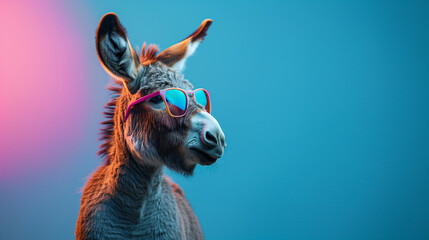 A donkey with sunglasses in front of a colorful background