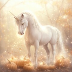 Naklejka premium A magical unicorn stands beside glowing pumpkins in an enchanting autumn forest, radiating beauty and mystique.