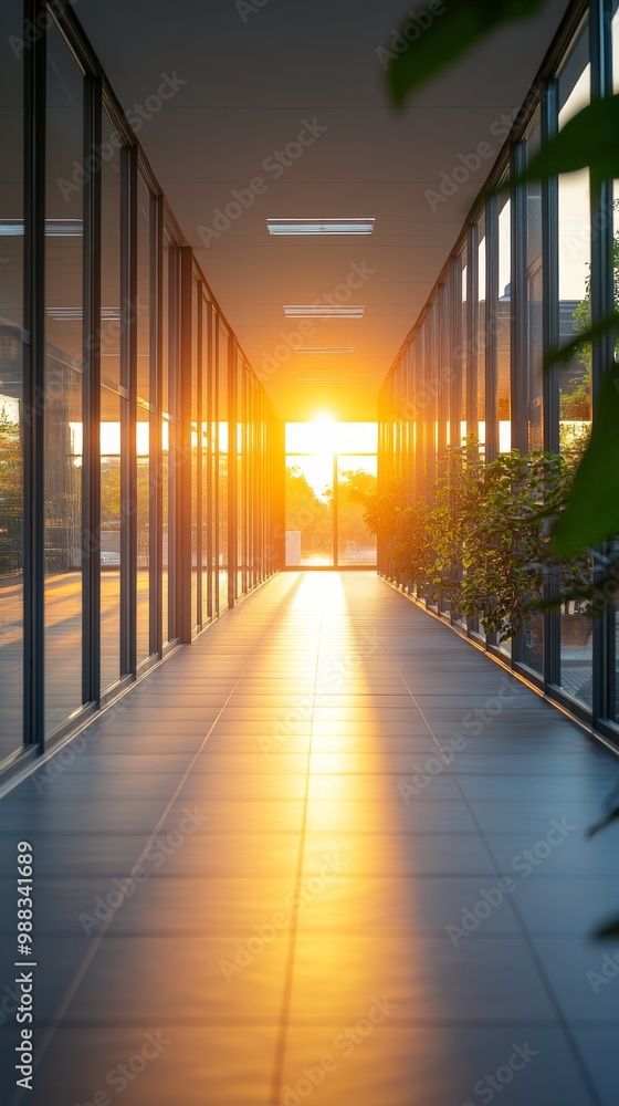 Poster a sleek office corridor features glass walls, filled with warm sunlight creating a bokeh effect as i