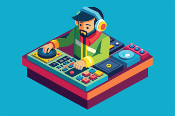 Fototapeta premium A DJ focused intensely, adjusting controls on his mixing deck while wearing headphones in a bright and colorful studio environment.