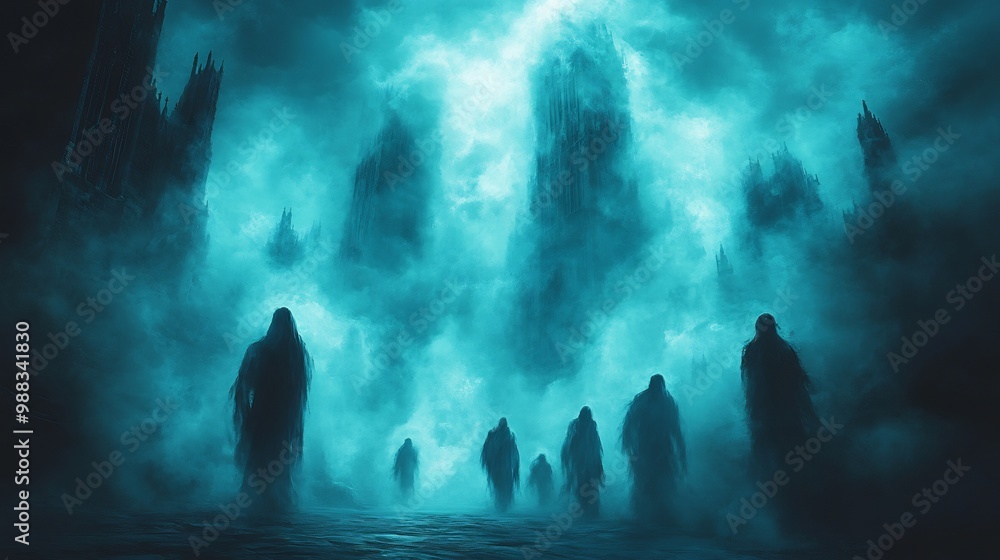 Poster ghostly halloween scene with an ethereal fog surrounding floating spectral figures
