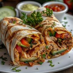 Chicken Shaverma, Doner Kebab with Vegetables on a White Plate Close Up, Wheat Tortillas Stuffed