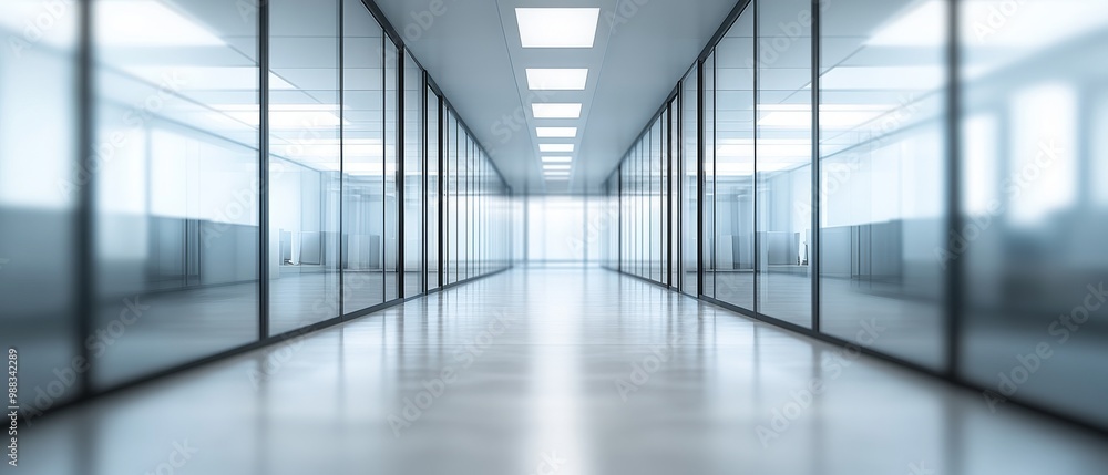 Poster a sleek corridor with glass walls guides to an open work area. the space features panoramic windows 