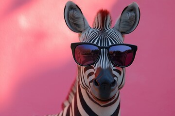 Zebra wearing sunglasses and a pink background. The zebra is smiling. The sunglasses are black. hippie zebra with colorful mane and sunglasses whit copy space