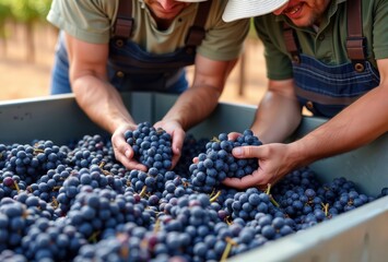 Grape harvest. Workers inspect freshly picked blue grapes in a container during vineyard harvest season.