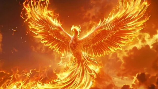 Fiery Phoenix Ascending. A majestic phoenix, composed of blazing flames, soars through a fiery sky, its wings spread wide. Seamless looping video background animation ve
 High quality HD 4K Video Clip
