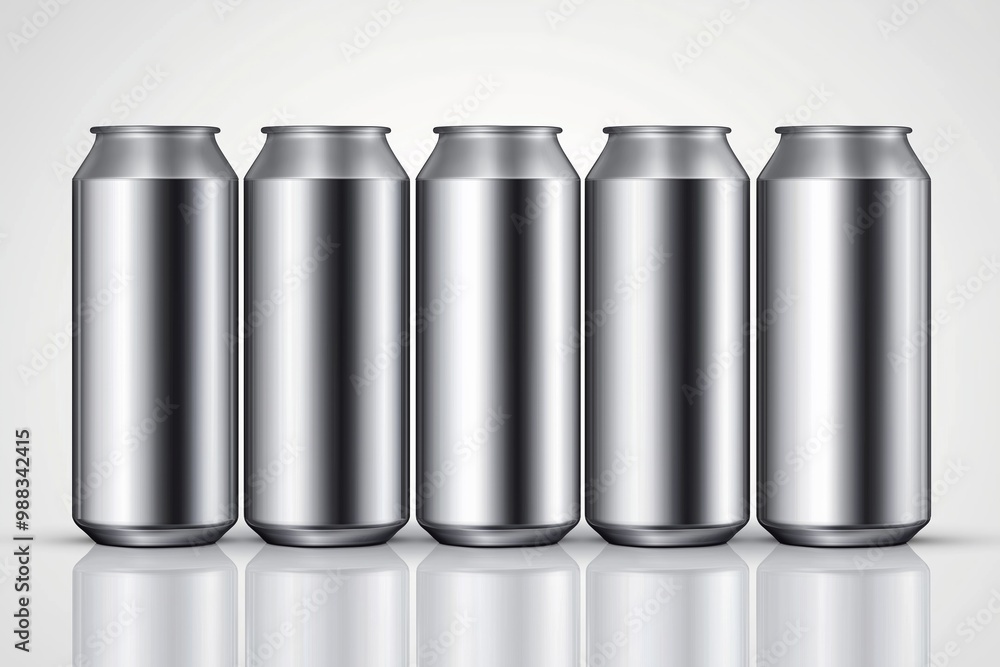 Poster five cans of soda are lined up next to each other. they are all the same size and shape. hyper reali