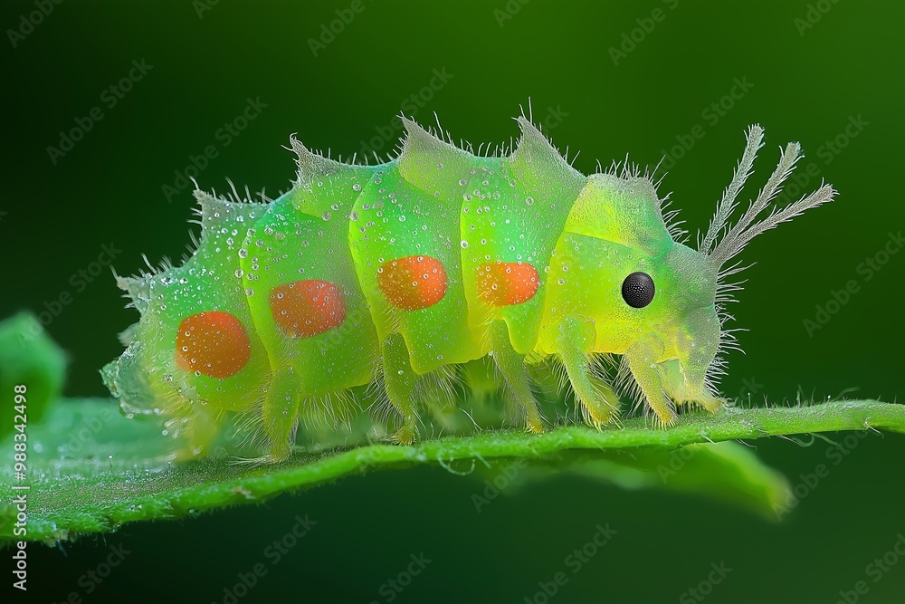 Poster green bug with red dots on it. it is on a leaf. larva in a solid background whit copy space