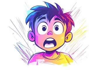 Line art illustration featuring a cold gradient drawing of a surprised cartoon boy