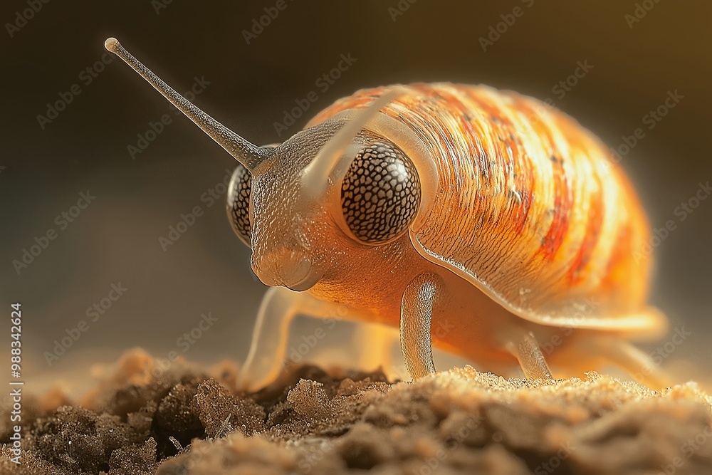 Poster small bug with a long antennae is on the ground. it has a brown and orange color. larva in a solid b