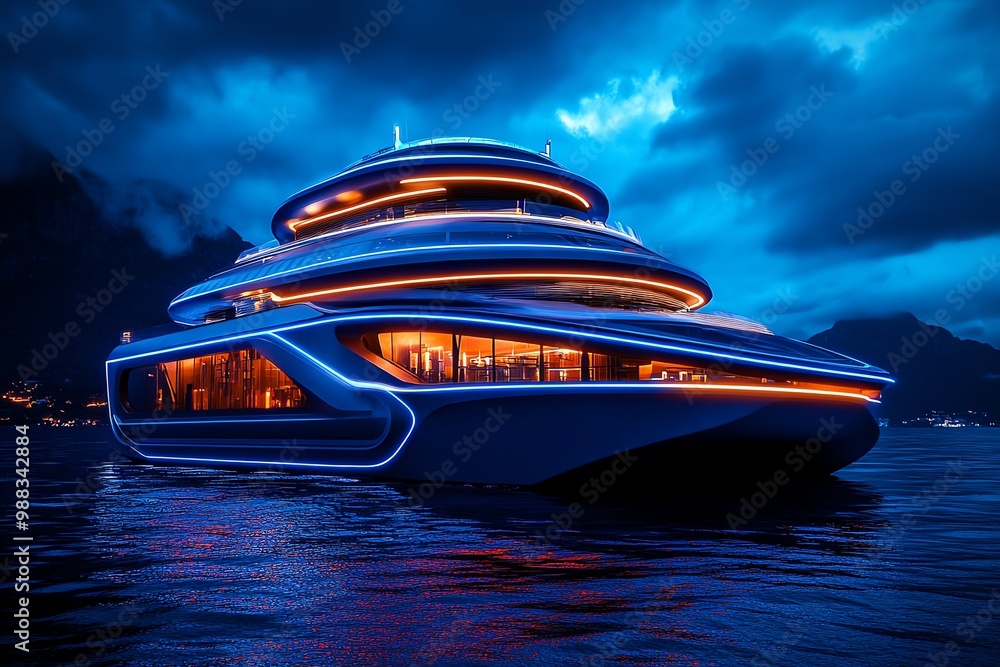 Poster floating ocean lab, with sleek, modern architecture and glowing technology, conducting experiments o