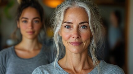 Fototapeta premium active senior woman after workout training with adult daughter indoors at home looking at camera