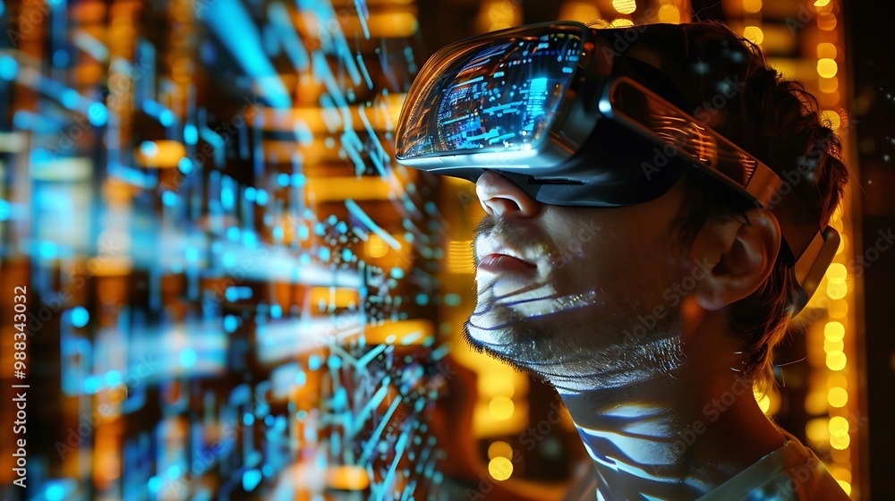 Poster man wearing a vr headset is immersed in a digital world. the technology allows him to interact with 