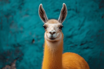 Obraz premium White llama with a blue background. The llama has a pink nose and is looking at the camera. Llama in a solid colour background copy space