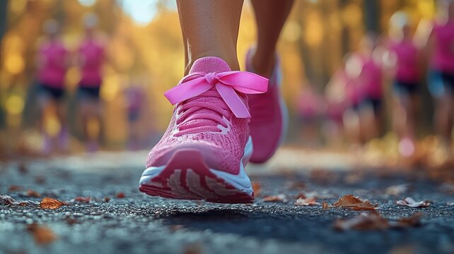 A close-up of a runner's pink shoe on a forest path in autumn. - Powered by Adobe
