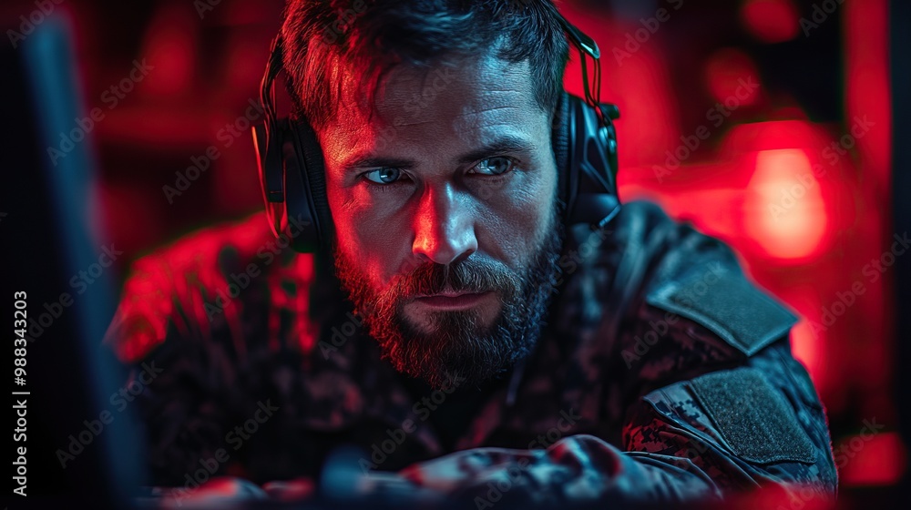 Poster american hacker in military unifrorm on dark web cyberwar concept